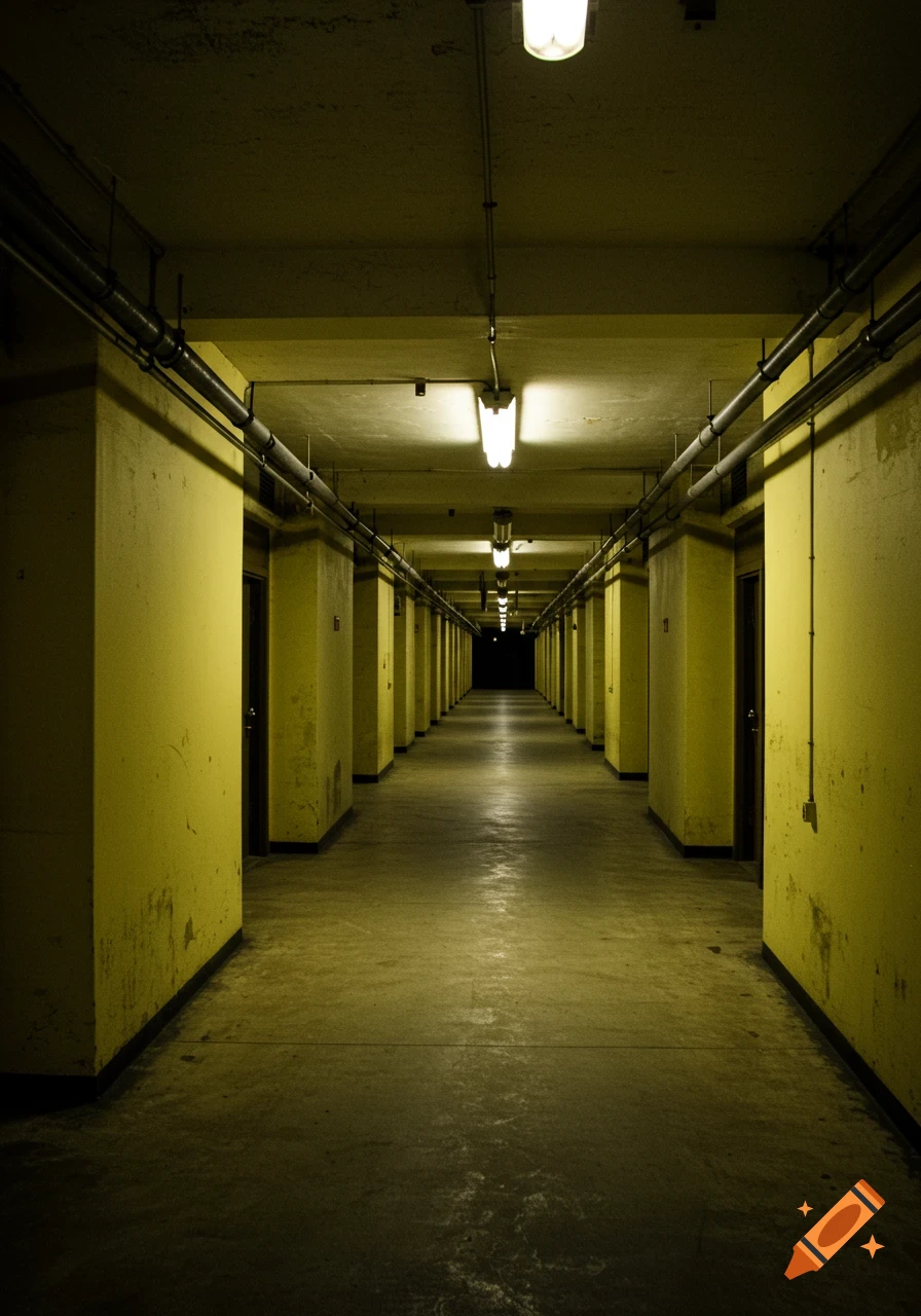 A long, empty corridor with yellow walls and doors, lit by fluorescent lights.