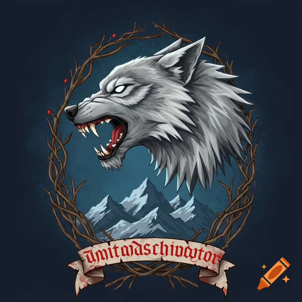 A crest featuring a snarling gray wolf head above snow-capped mountains, framed by thorny branches. A banner below has illegible text.
