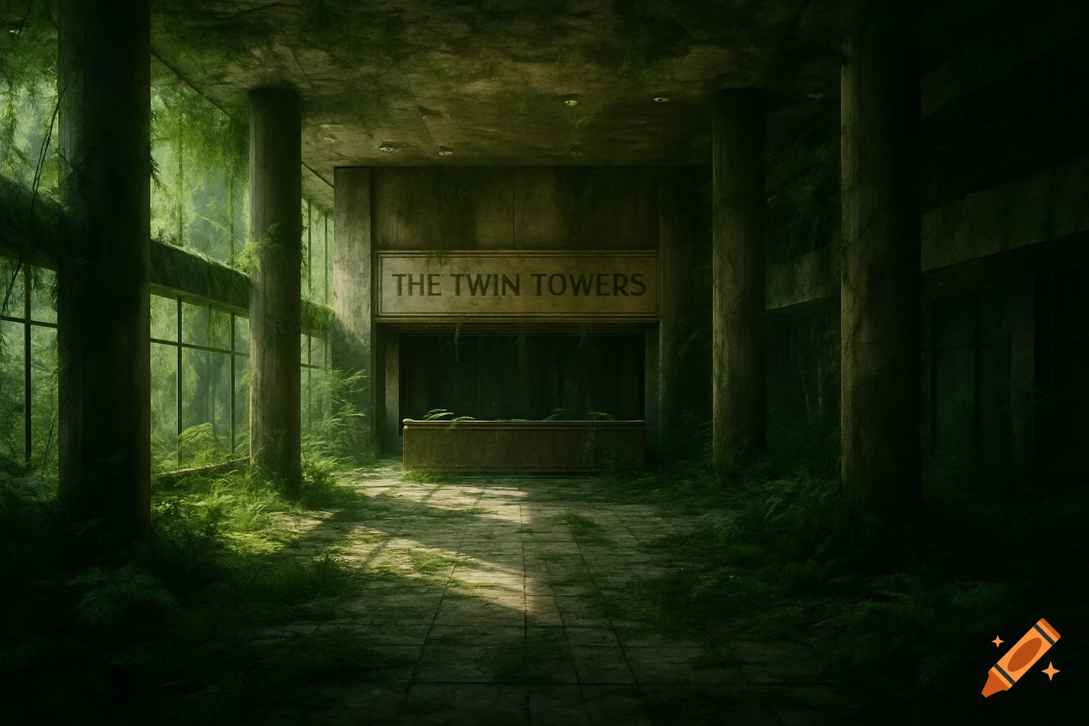 Overgrown lobby of 'THE TWIN TOWERS' building, with dense greenery covering walls and floor, bathed in sunlight.