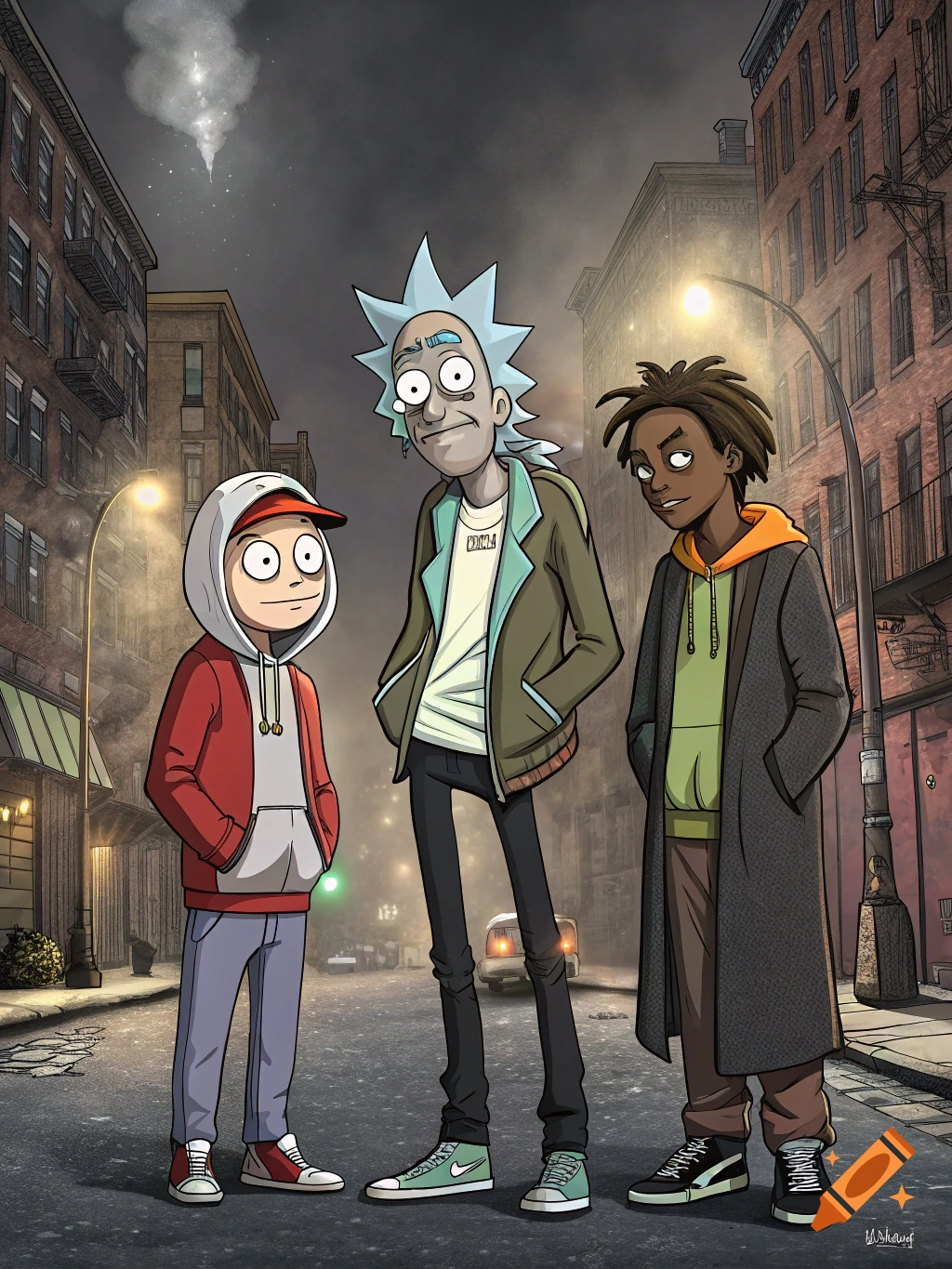 Cartoon characters resembling Rick and Morty and another person stand on a city street at night.