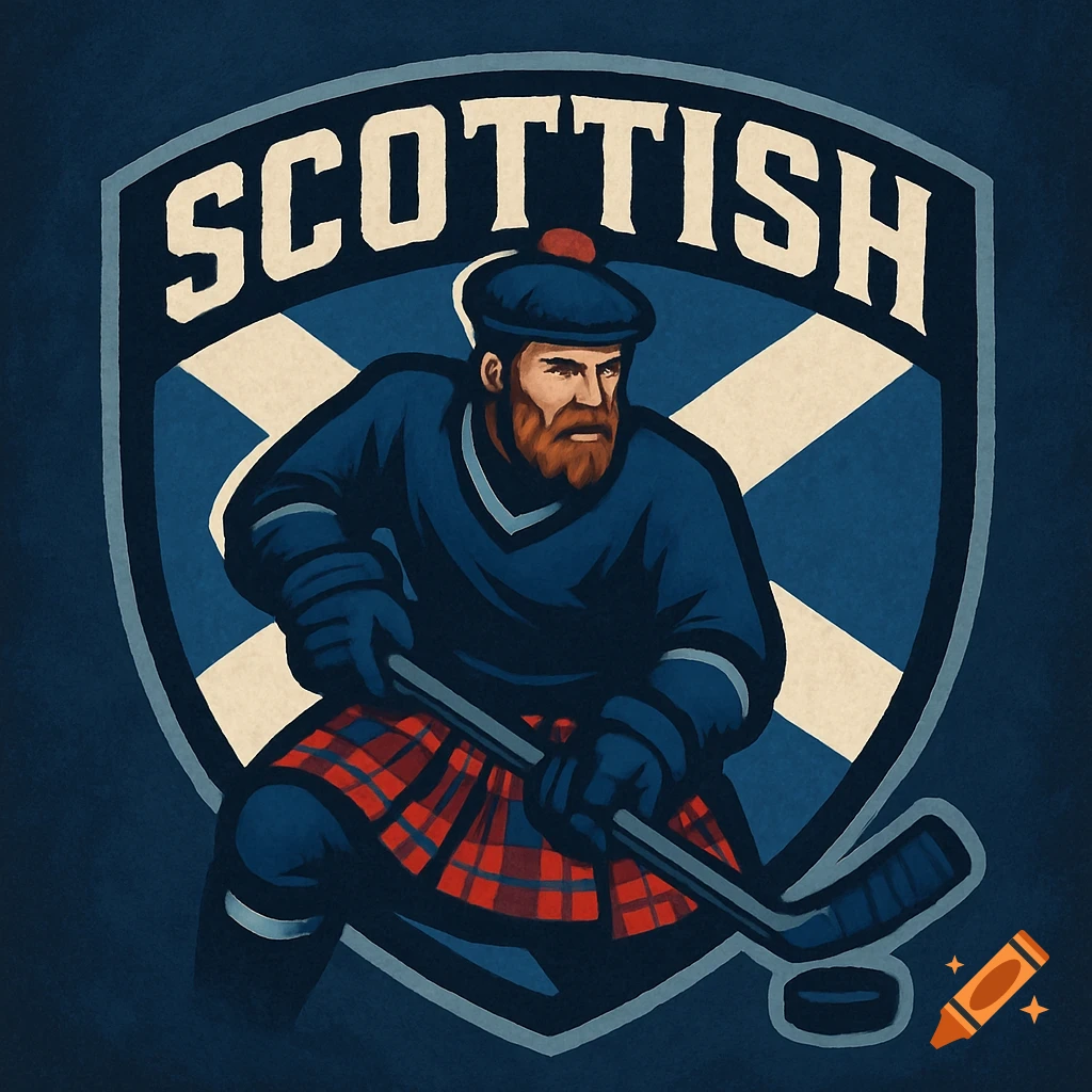 Scottish hockey logo featuring a bearded man in a kilt and gear on a shield with a saltire pattern.