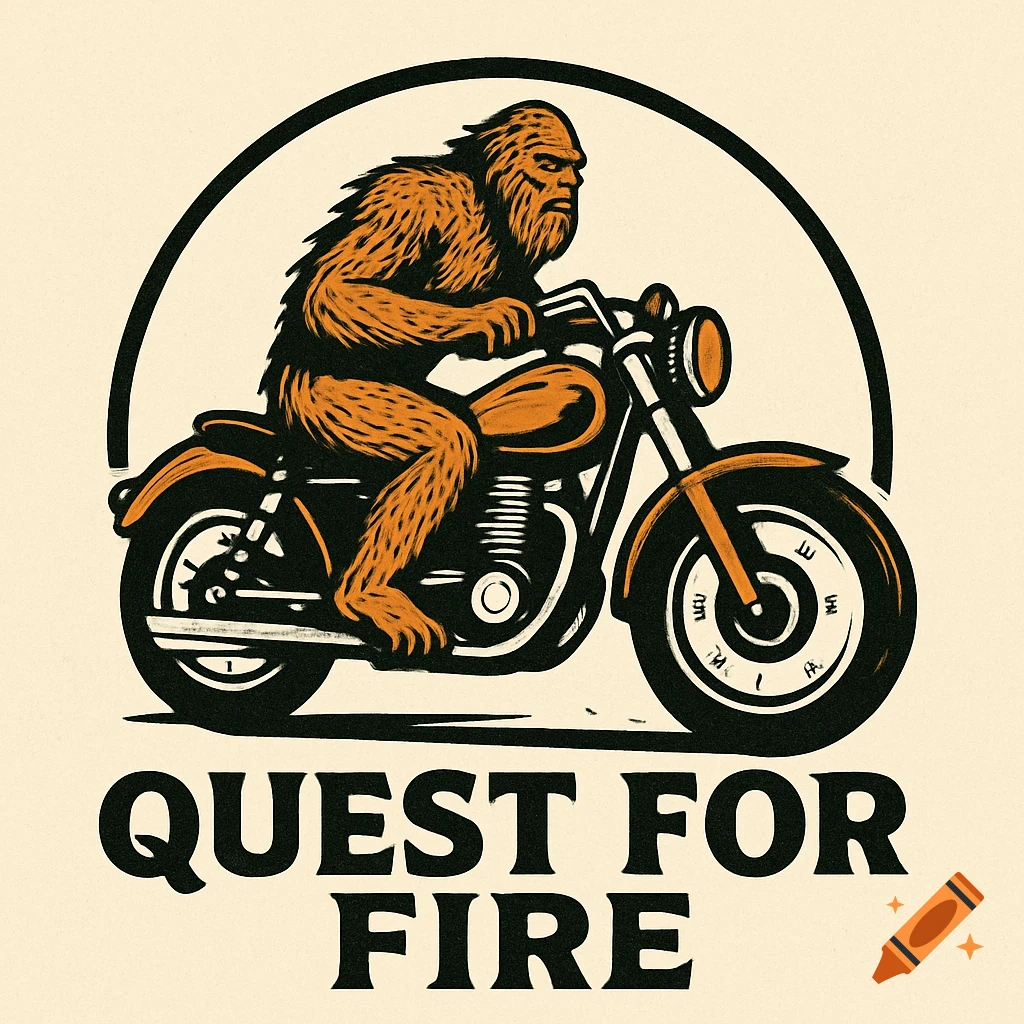 Illustration of an orange bigfoot riding a black motorcycle with the text 'QUEST FOR FIRE' below.