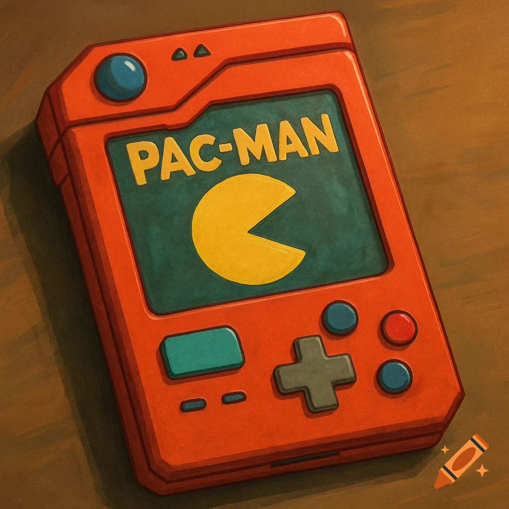 Illustration of an orange handheld gaming device with 'PAC-MAN' on the screen.