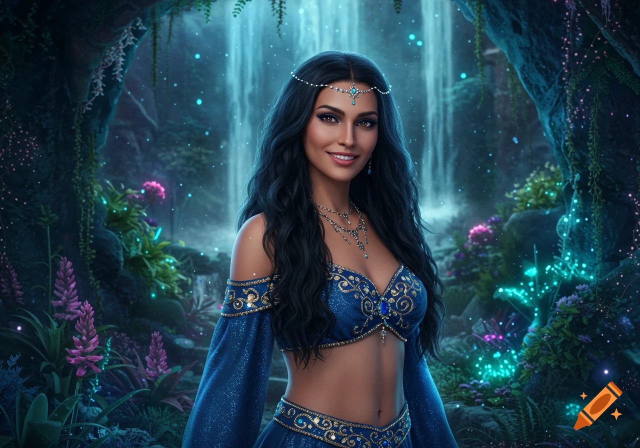 A woman dressed as a genie stands in a glowing fantasy cave with a waterfall.