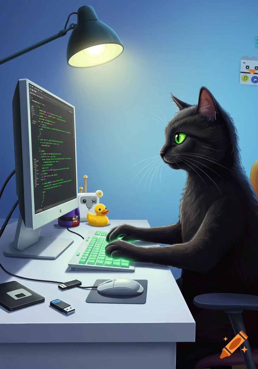 An illustrated black cat sits at a desk, typing on a glowing keyboard in front of a monitor displaying code, under a desk lamp.