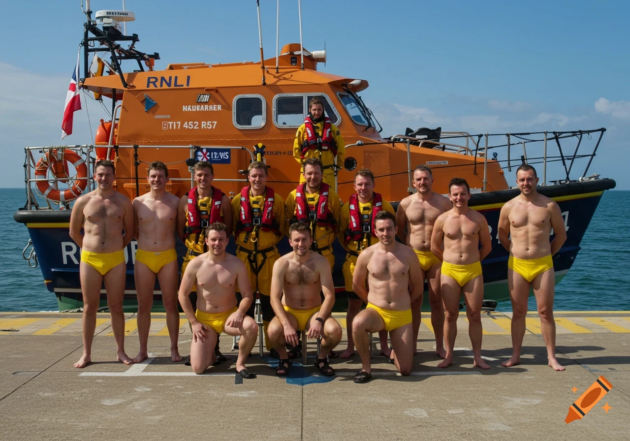 RNLI lifeboat crew members in uniform and yellow briefs posing on a dock in front of their boat.