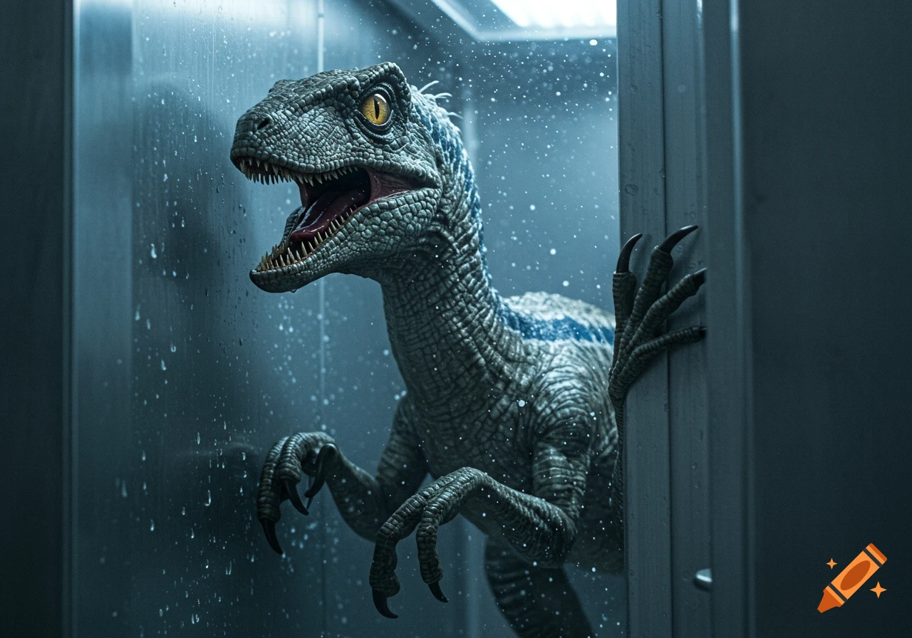 A realistic Velociraptor emerges from the open door of a walk-in freezer.