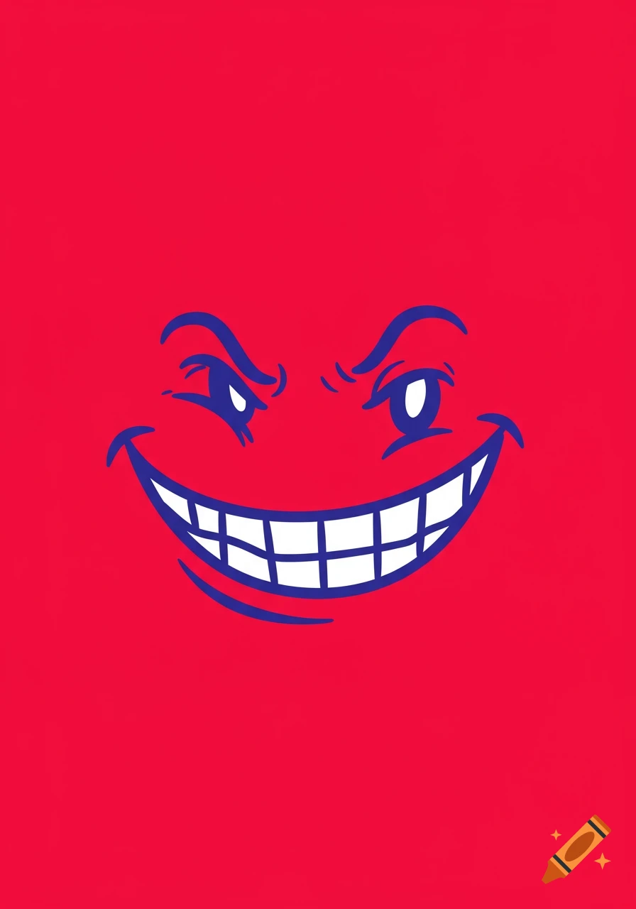 Stylized illustration of a mischievous blue smiley face on a red background