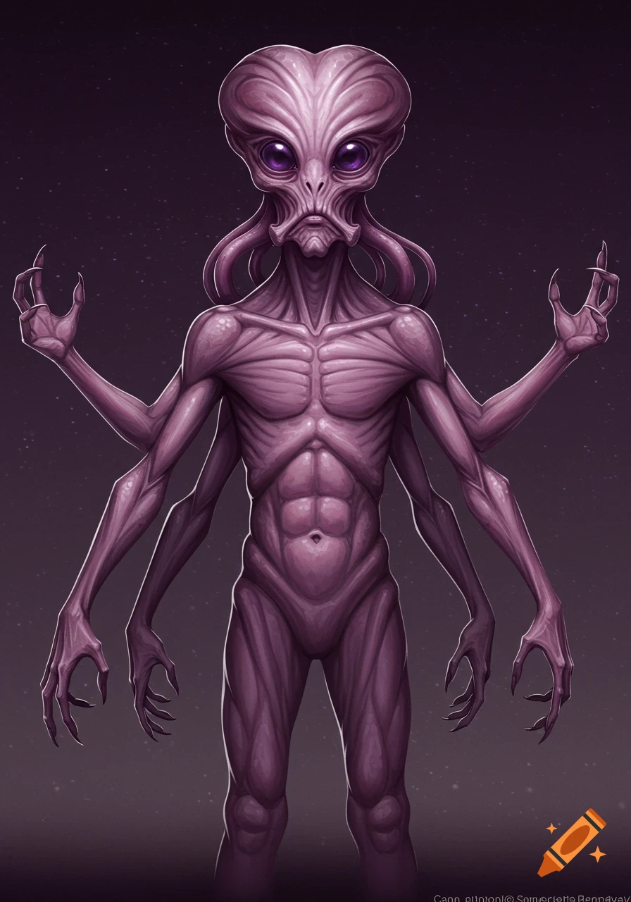 Purple alien with multiple arms and six-fingered hands stands in starry space.