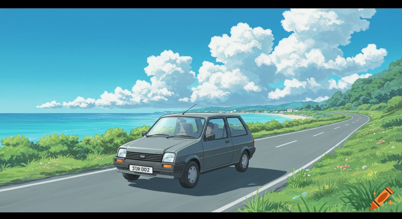 Grey car drives on a winding coastal road in Studio Ghibli anime style.