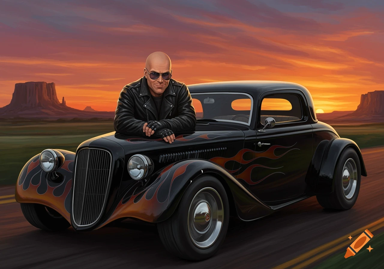 A bald man in a leather jacket leans on a black hot rod with flames parked on a road at sunset.