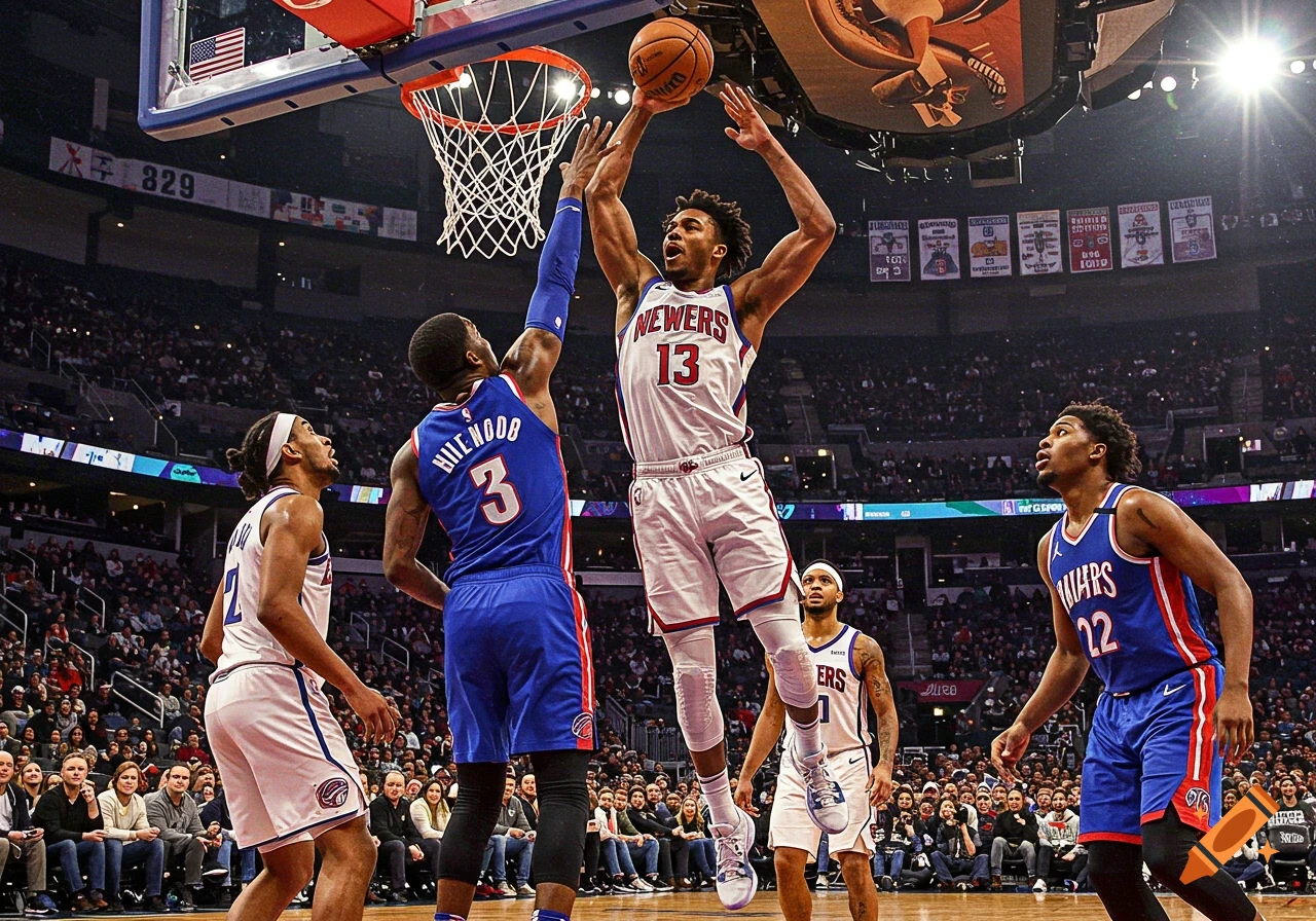 Basketball player dunking over another player during a game, photorealistic.