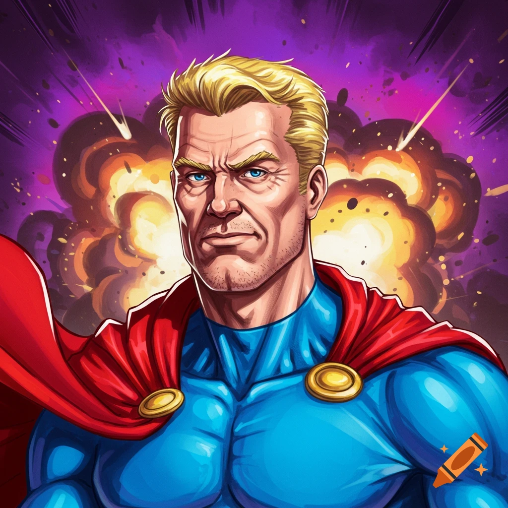 Muscular blonde superhero in blue suit and red cape stands before explosions in comic art style.