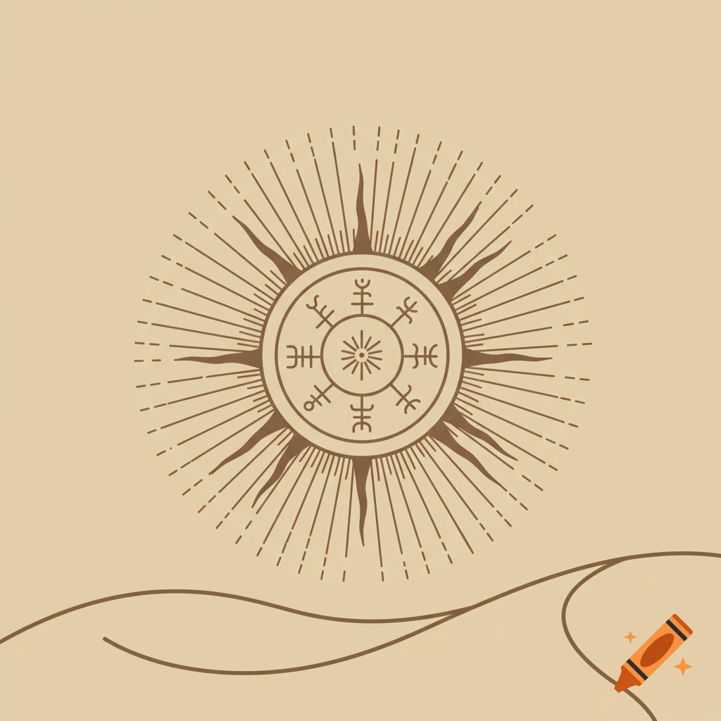 Tribal symbol resembling sun with runes above sand dunes, line art