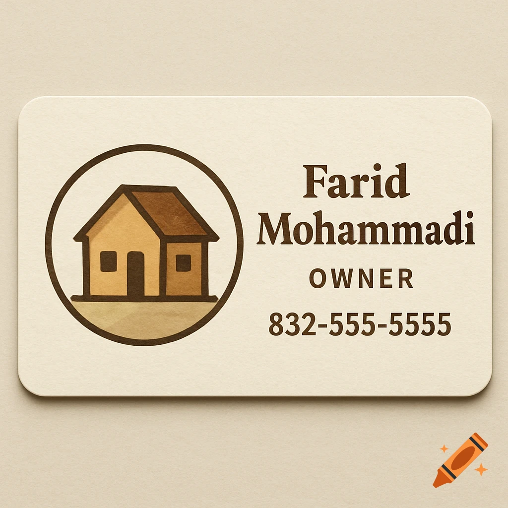Minimalist business card with a house logo and contact details.