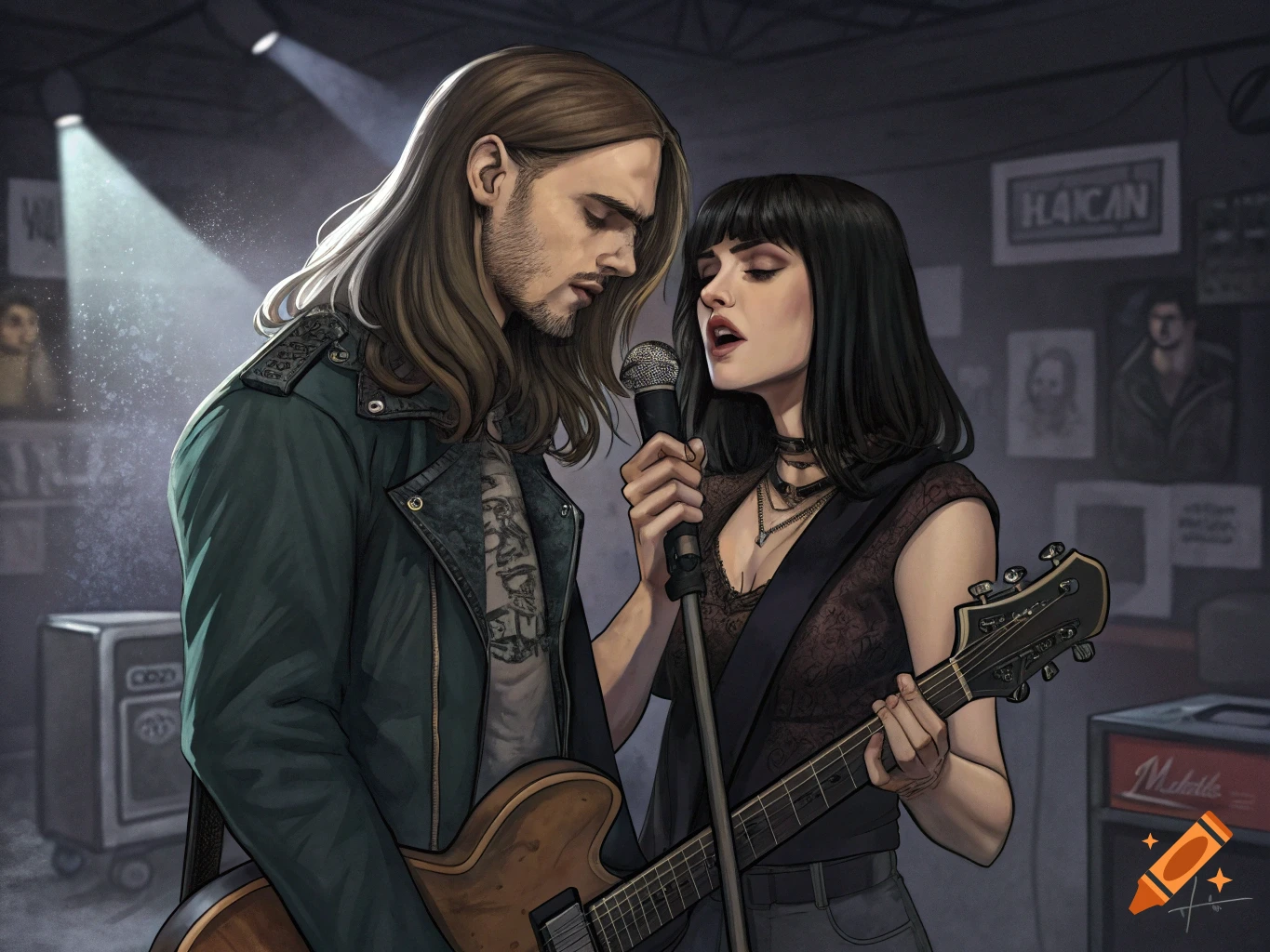 Man and woman singing on stage with guitar