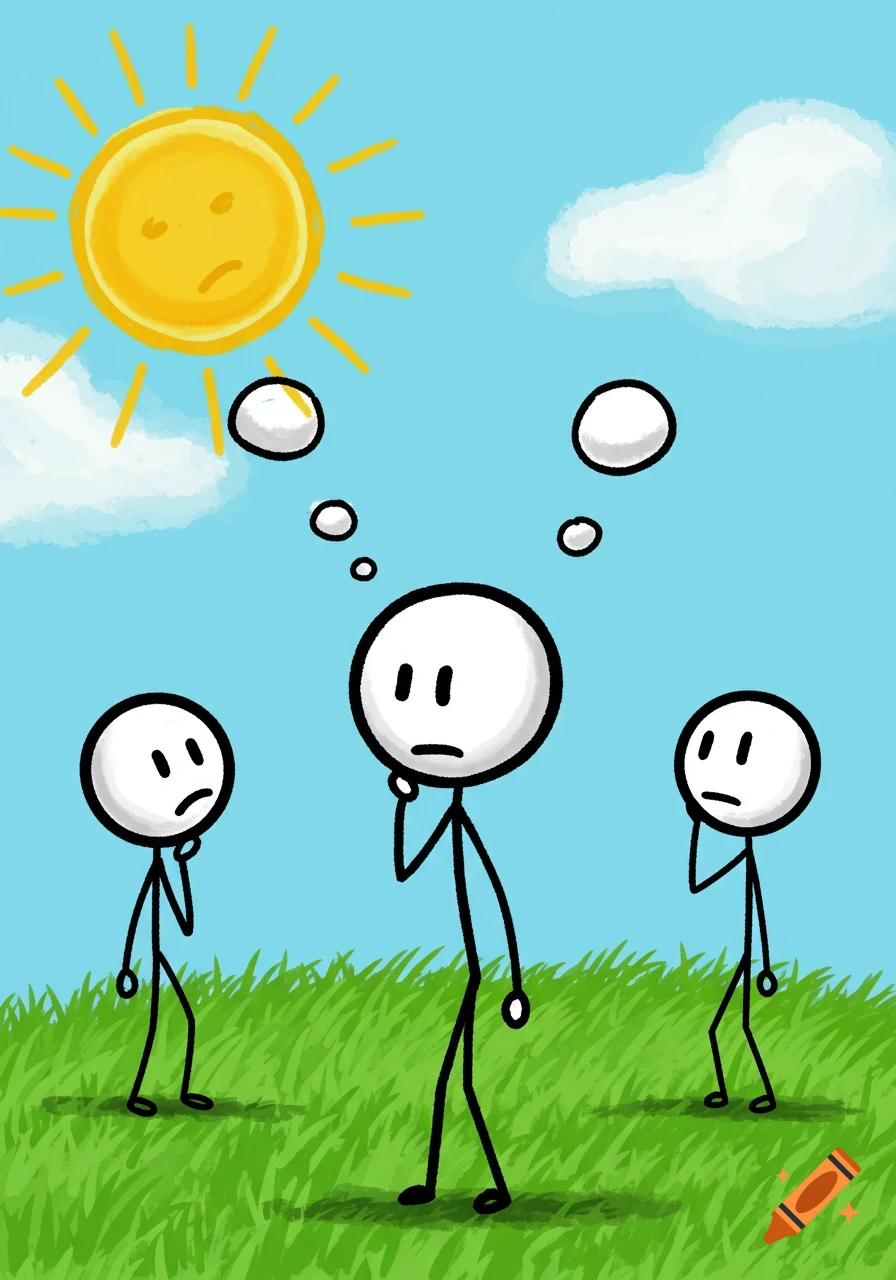 Cartoon of three stick figures thinking outdoors under a sad sun.