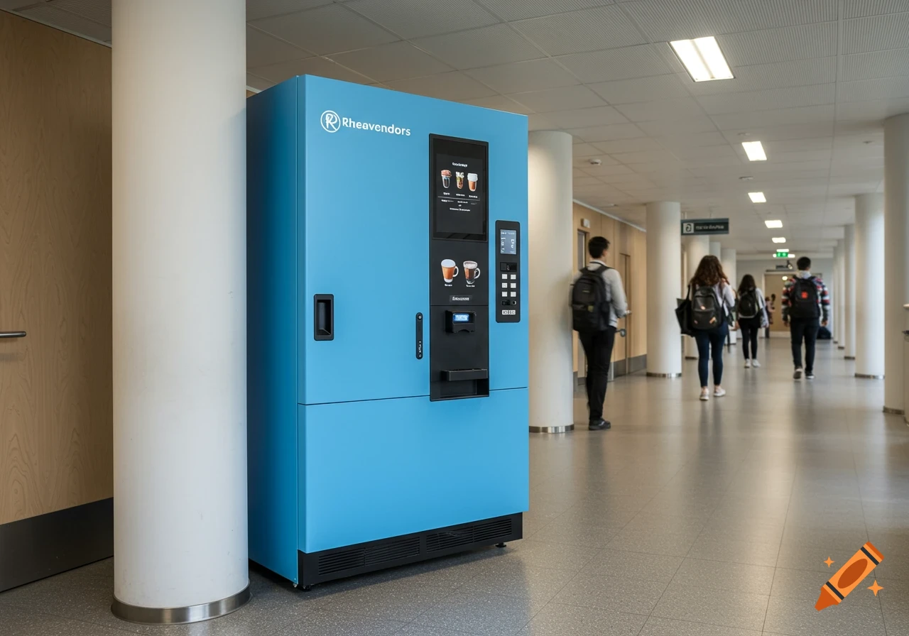 A blue vending machine stands in a bright university hallway with students walking in the background. Photorealistic style.