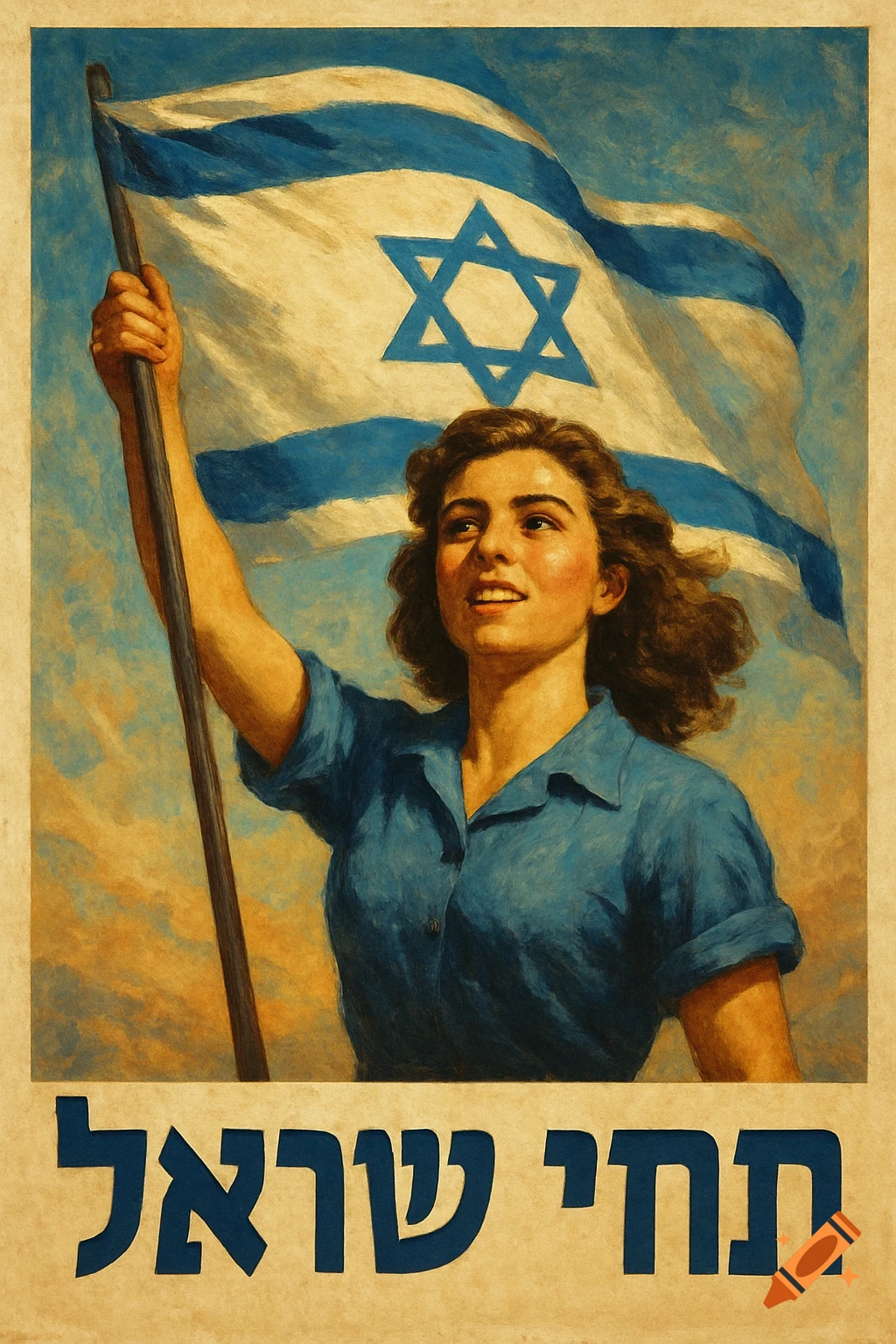 Patriotic poster art of a woman holding an Israeli flag with Hebrew text.