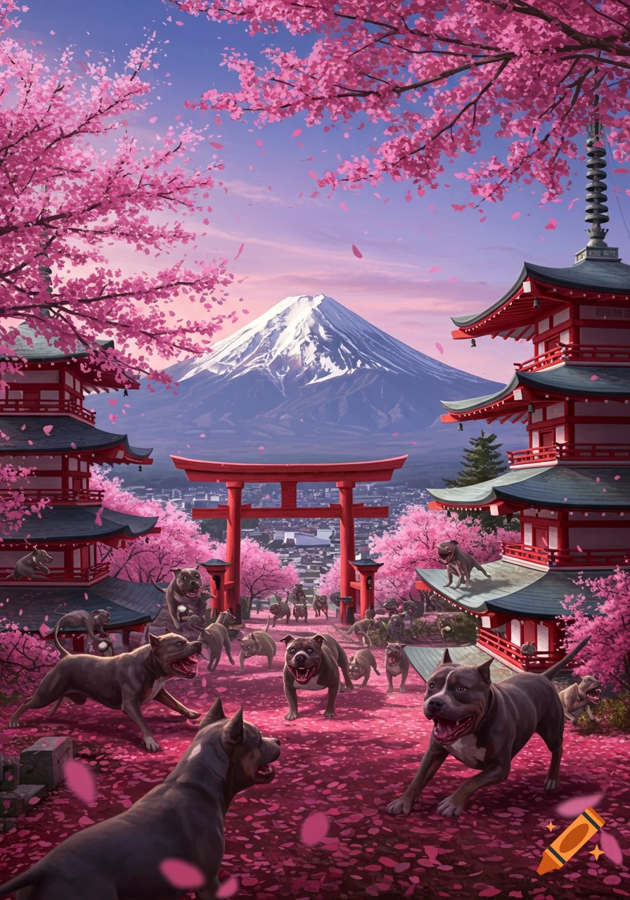 Pitbulls in a Japanese landscape with cherry blossoms, pagodas, a torii gate, and Mount Fuji.