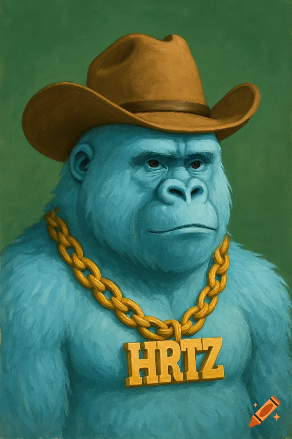Painting of a blue gorilla wearing a cowboy hat and a gold chain against a green background.