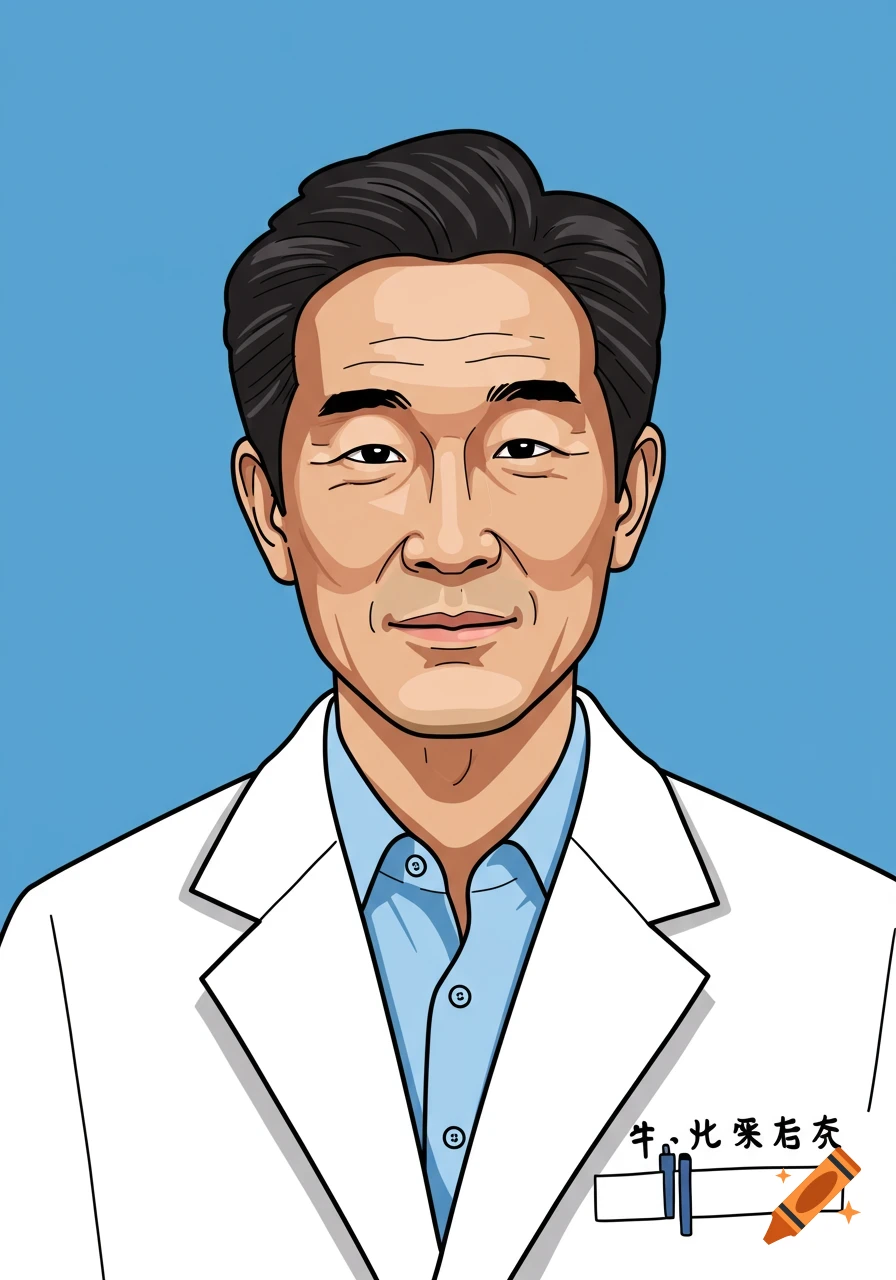 Vector illustration of a man in a white lab coat and blue shirt against a blue background.