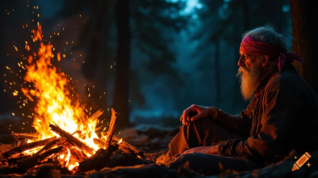 An old man with a beard and bandana sits by a large, crackling campfire in a dark forest.