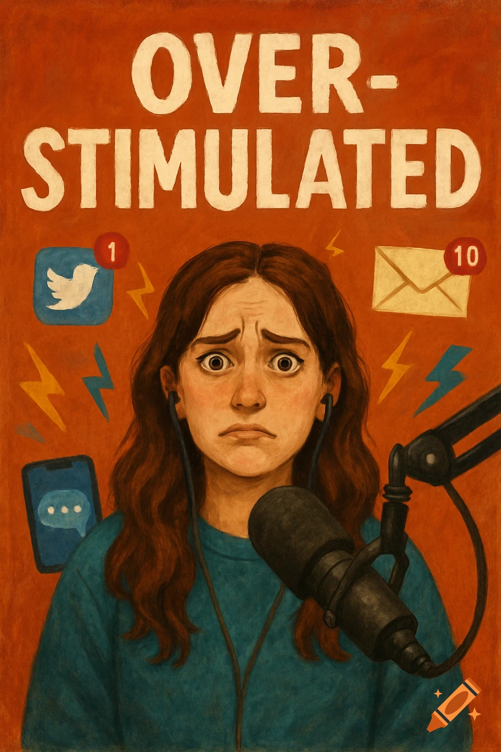 Illustration of a stressed person surrounded by social media and email notifications, with the text 'OVER-STIMULATED' above.