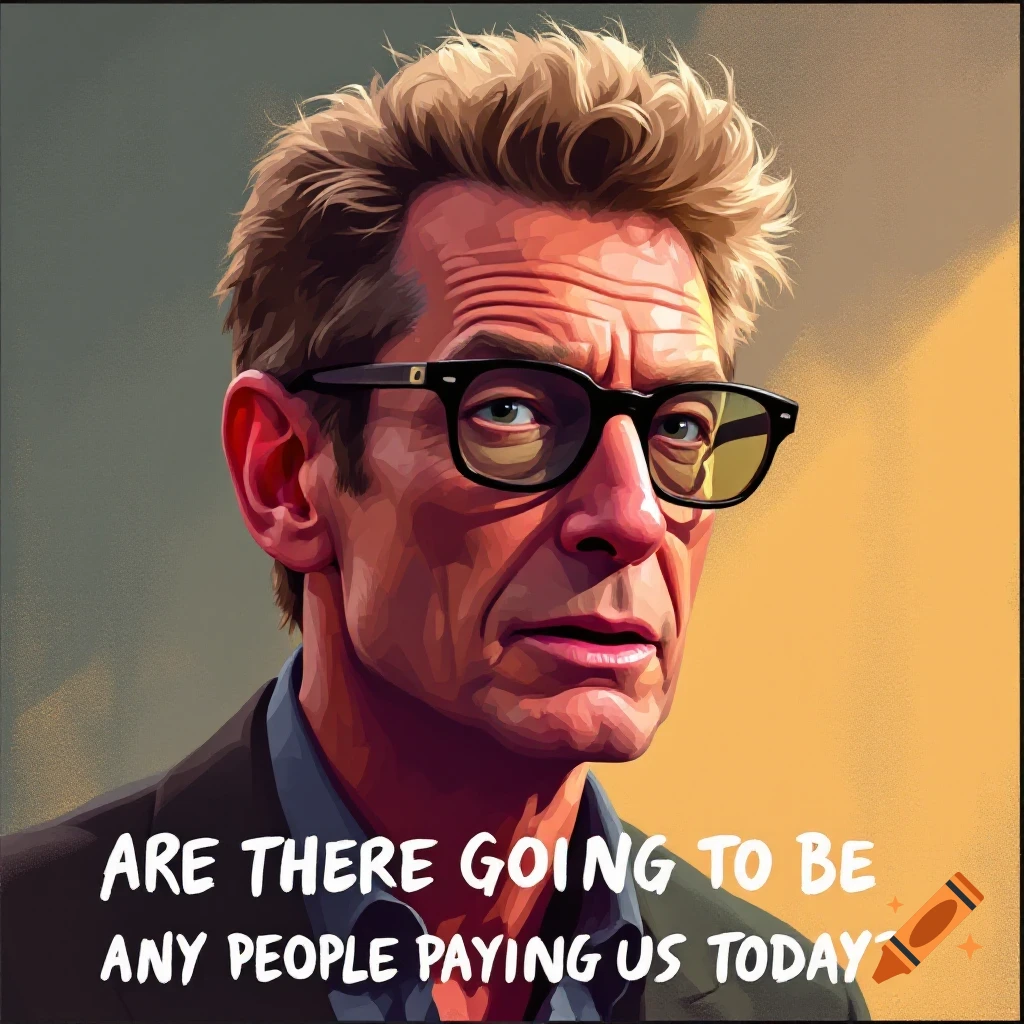 Stylized portrait of Jeff Goldblum with the text, 'ARE THERE GOING TO BE ANY PEOPLE PAYING US TODAY?'