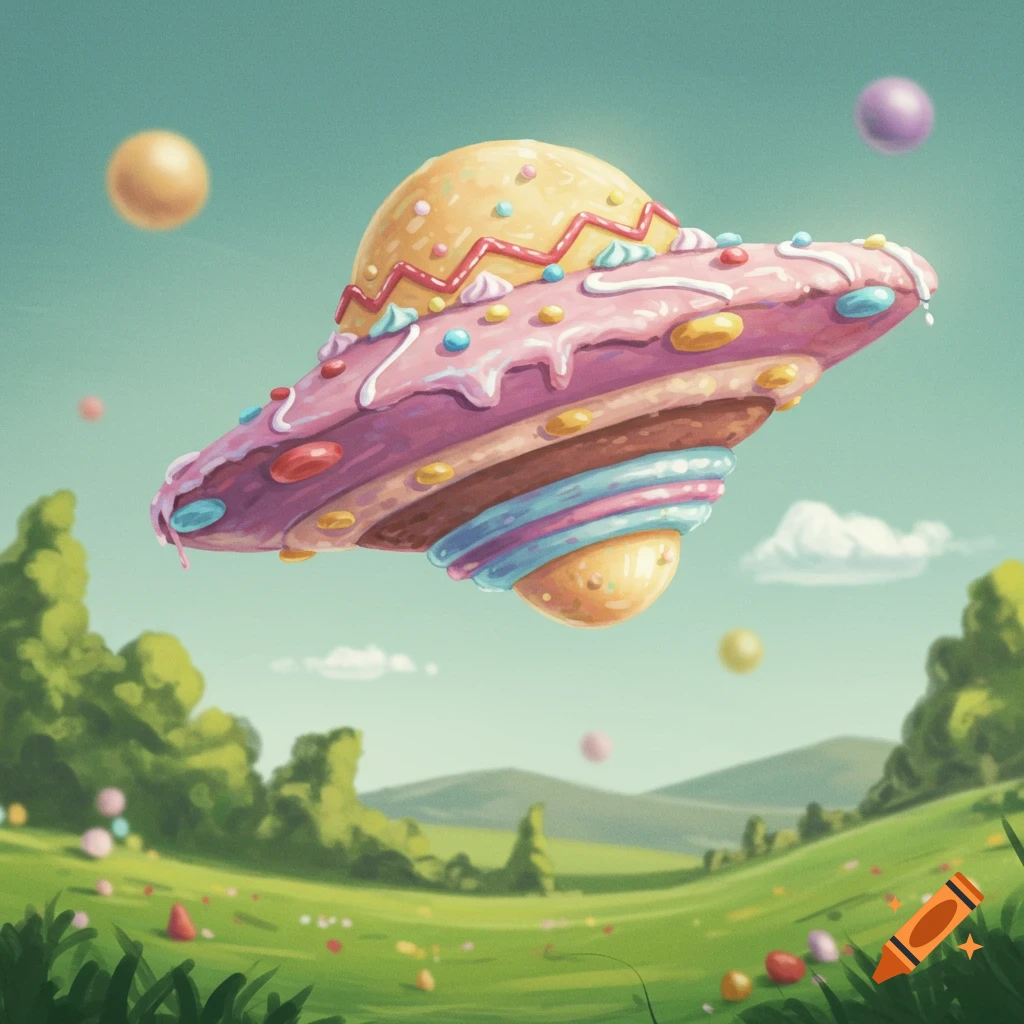 A dessert-themed UFO flies over a green landscape with candy.