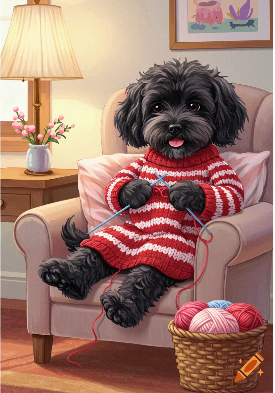 An illustration of a black dog wearing a red and white striped jumper, sitting in a chair and knitting.