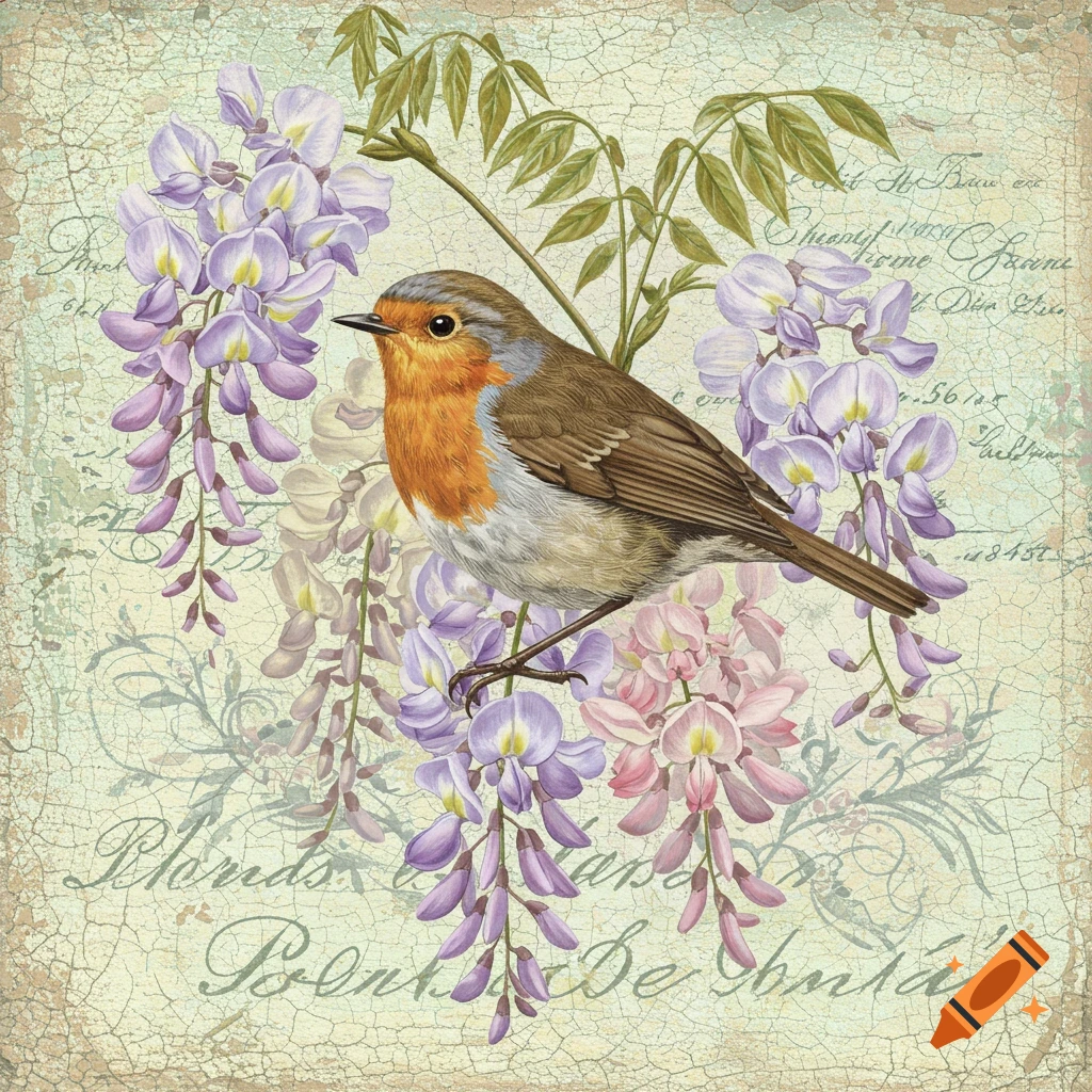 A vintage illustration of a robin perched on wisteria branches with faded script and crackle texture in the background.