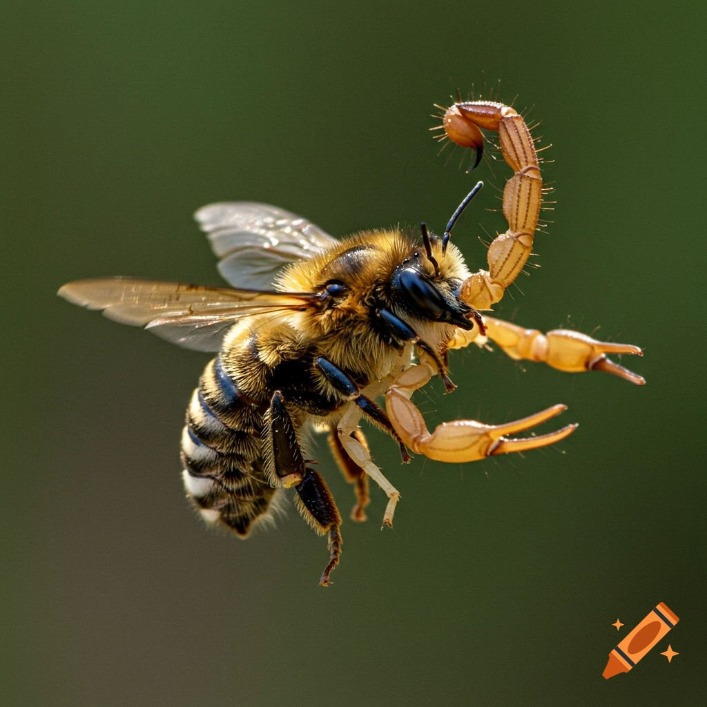 Close-up of a flying bee with scorpion claws and tail against a green background, photorealistic.