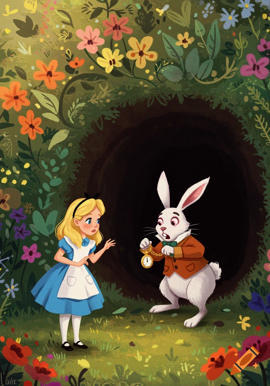 Alice meets the White Rabbit holding a watch by a rabbit hole in a flowery woods illustration.