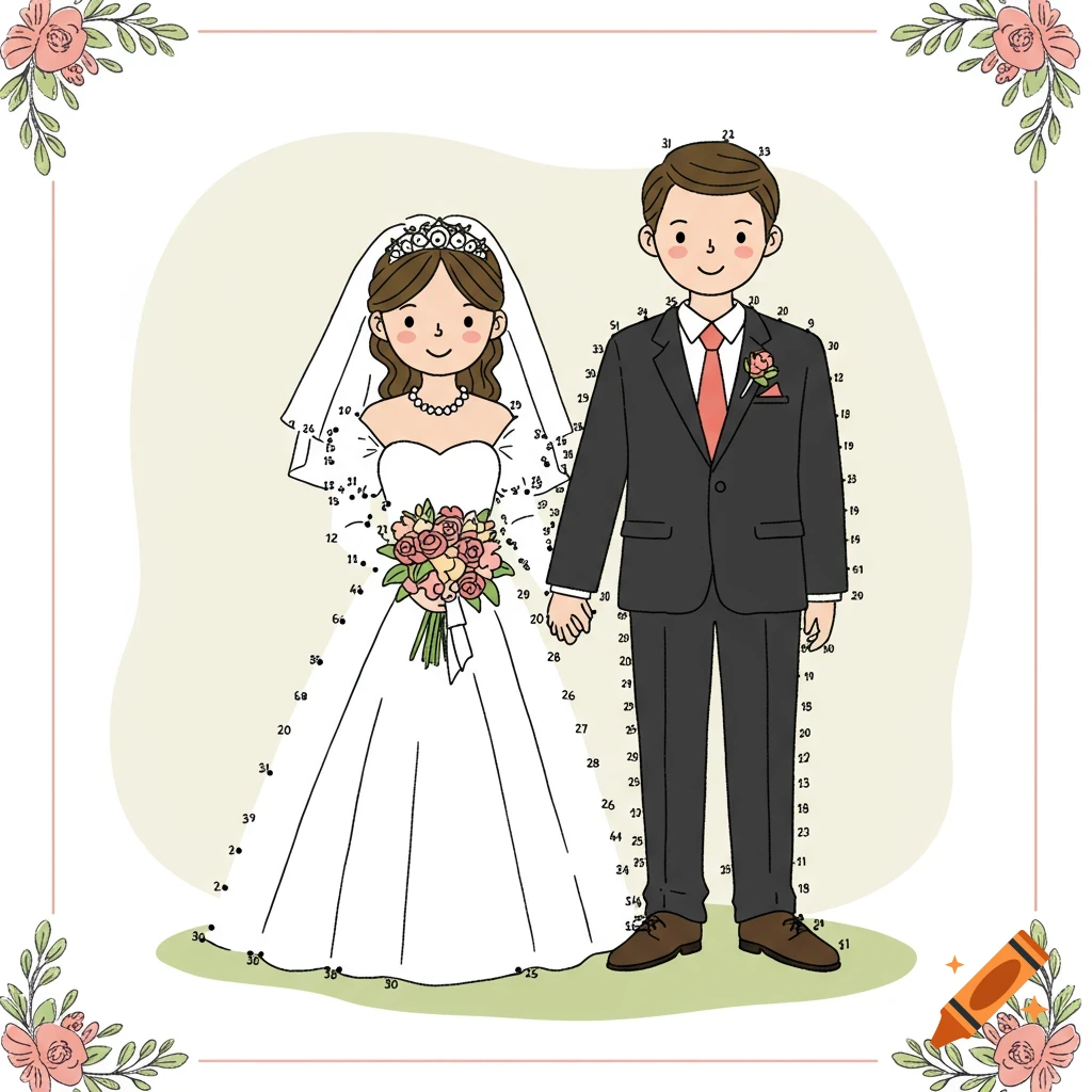 Cartoon dot-to-dot illustration of a bride and groom.