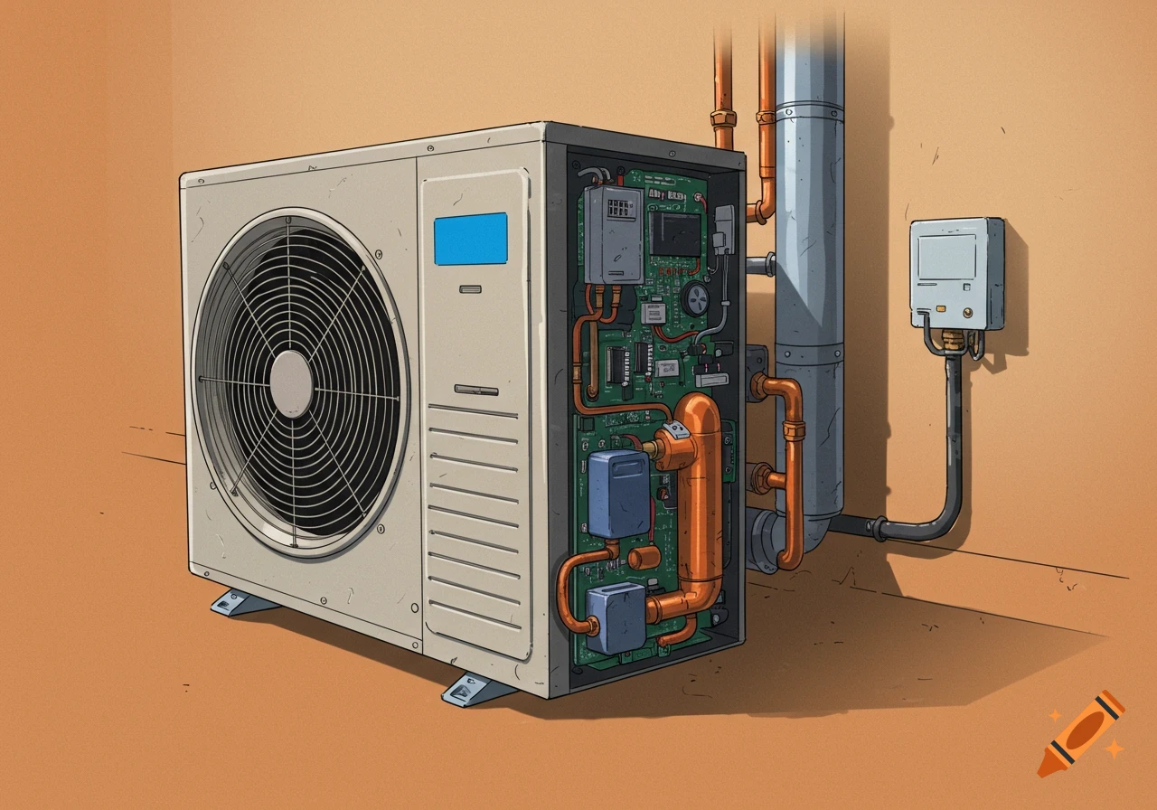 Illustration of a heat pump unit with its side panel open showing internal components.