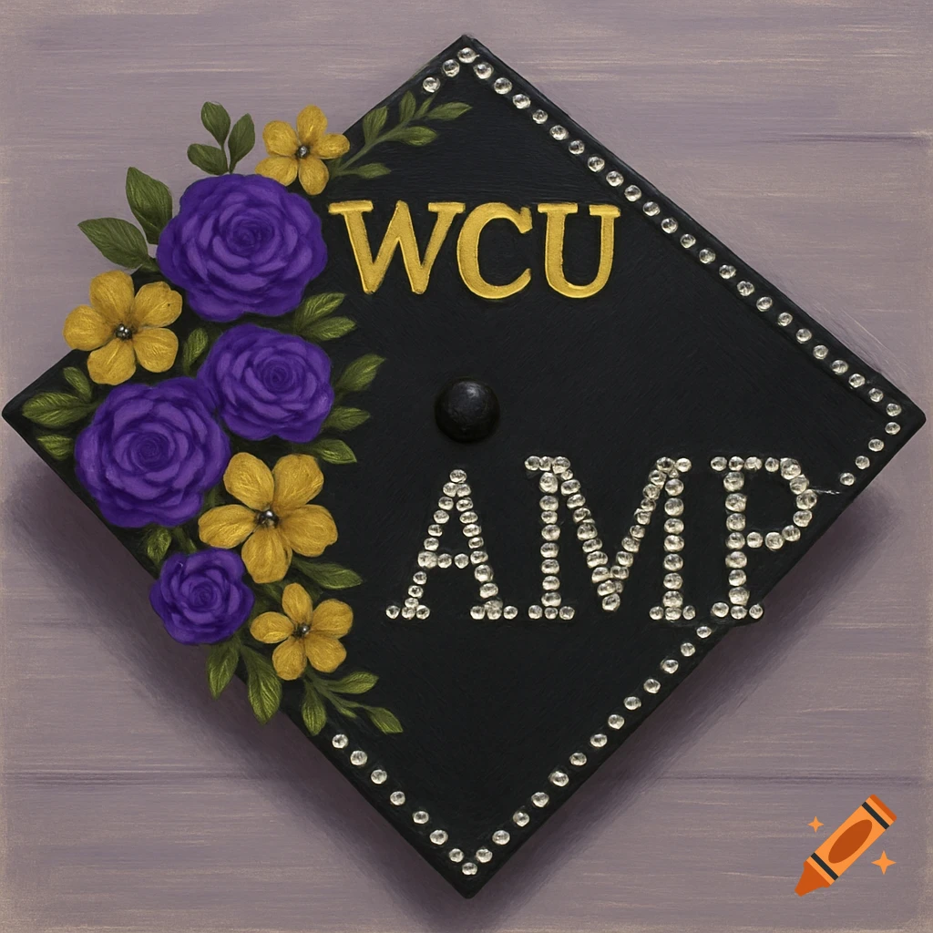 Decorated graduation cap with gold WCU letters, AMP initials in rhinestones, purple and yellow flowers, and rhinestone trim.