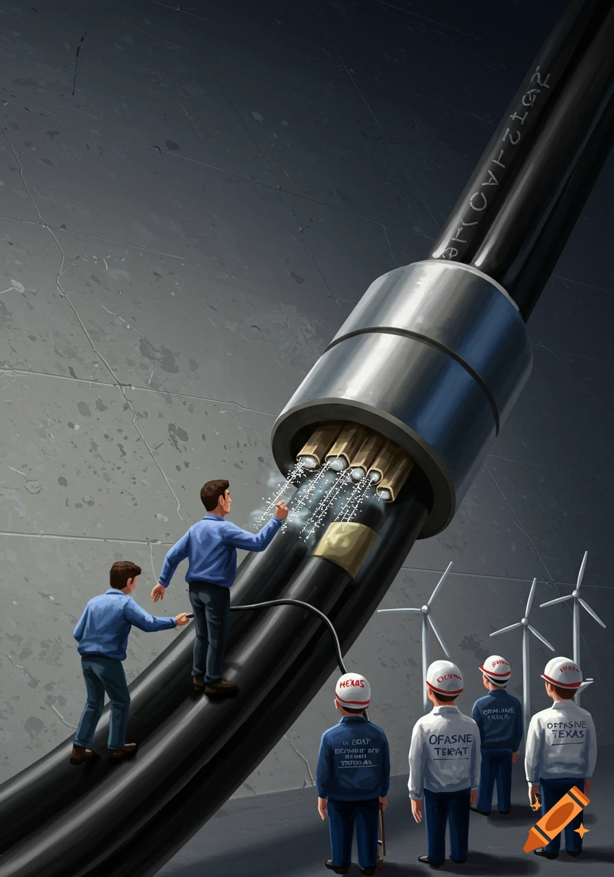 Illustration of workers interacting with a large industrial cable while others stand by wind turbines.