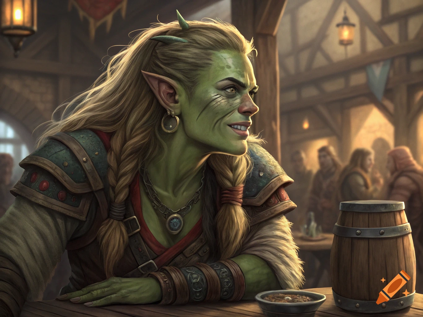 Female orc with green skin sits at a tavern table, looking sideways in a fantasy art style.
