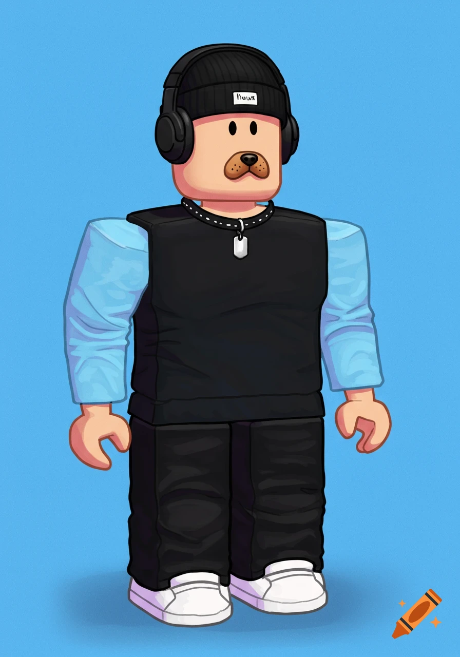 A Roblox avatar with a dog nose face, black beanie, headphones, black vest, blue shirt, black pants, and white shoes.