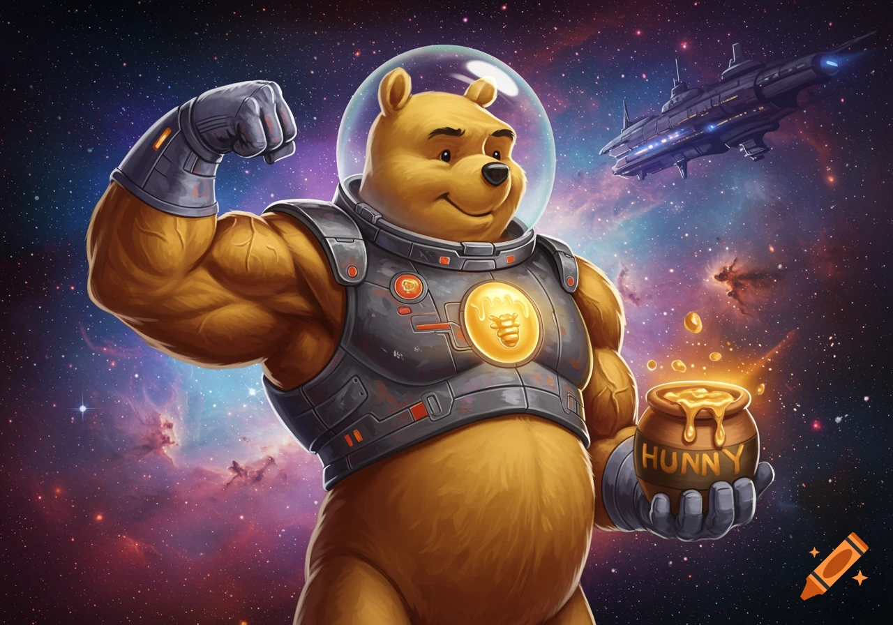 Muscular Winnie the Pooh in a space suit holds a hunny pot in space next to a spaceship.