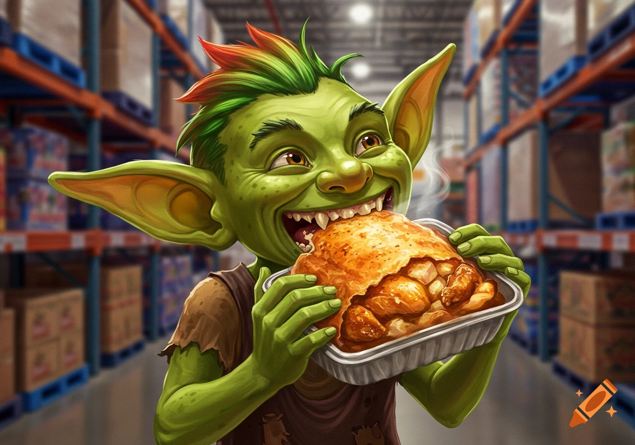 A green goblin with spiky hair smiles while eating a chicken bake in a warehouse. Digital illustration.