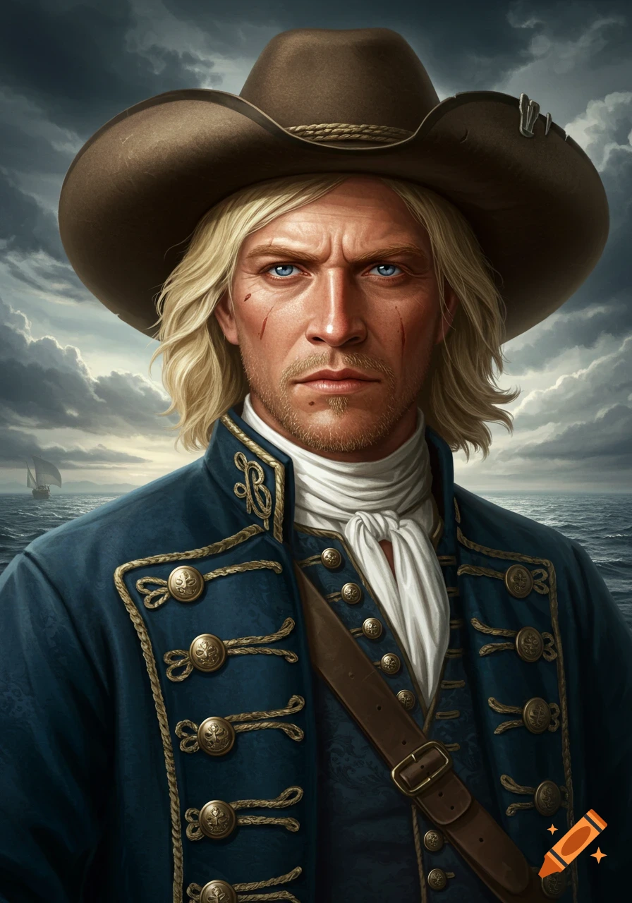 Portrait of a blond man in a cowboy hat and historical blue coat against a stormy sea background.