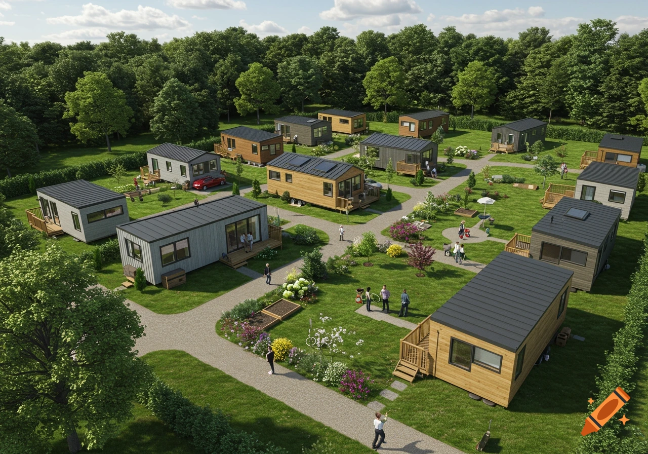 An aerial view of a community of modern tiny homes surrounded by lush green lawns, gravel pathways, trees, and flower beds with small figures of people walking and interacting.