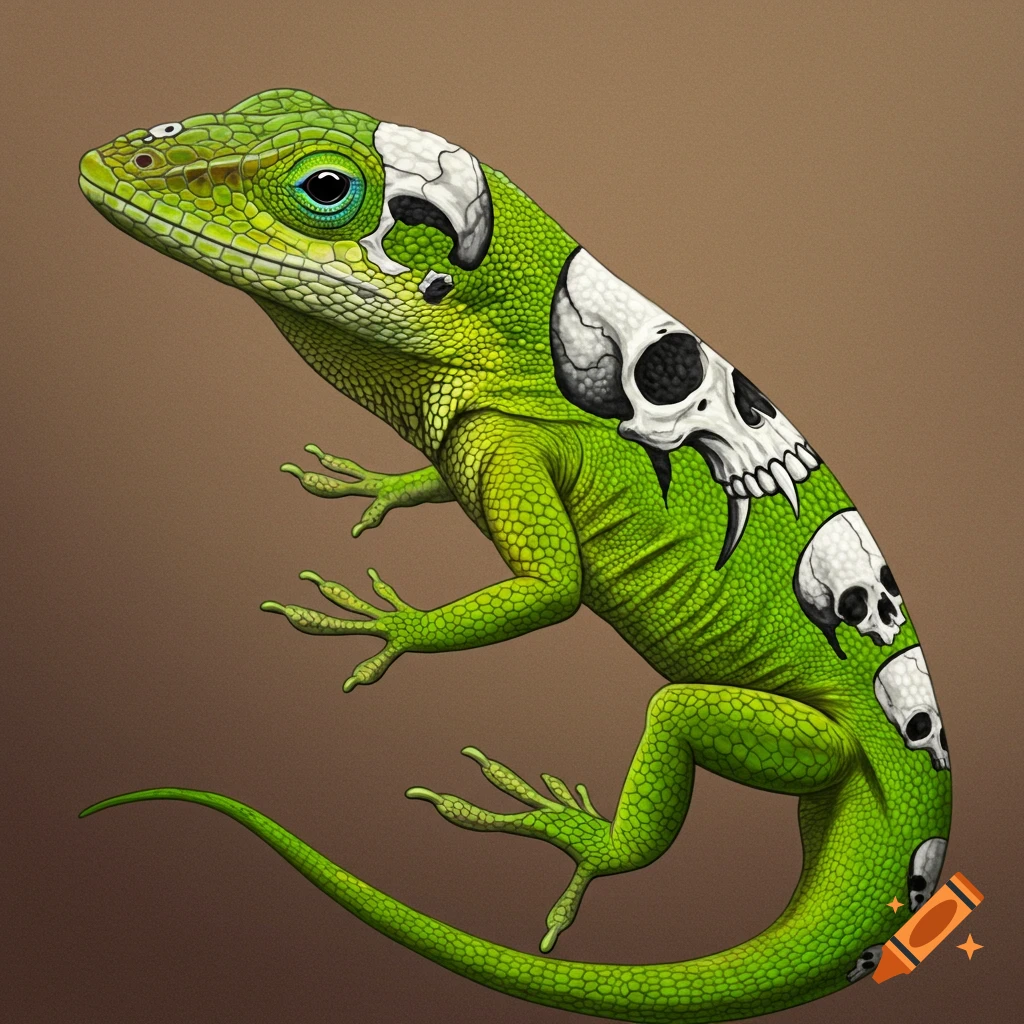 Illustration of a green anole lizard with white skull patterns on its body.