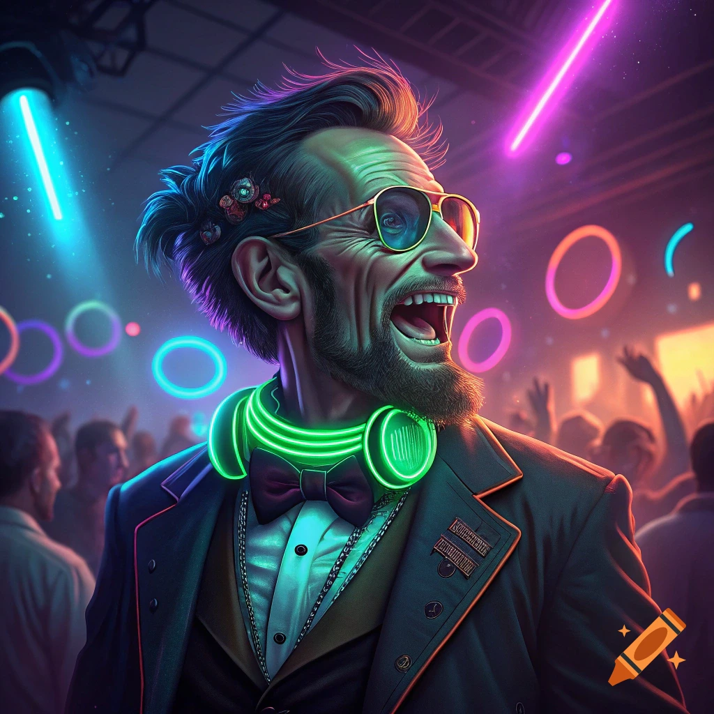 Abraham Lincoln with sunglasses and glowing headphones laughs at a rave party.