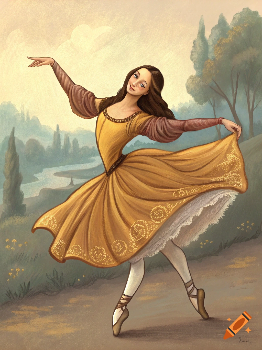 Woman in yellow historical dress dancing in a landscape illustration.