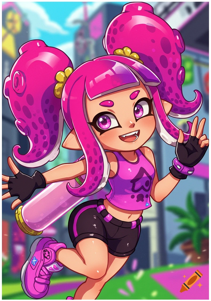 Anime style character with pink octopus-like hair, purple top, black shorts, holding a weapon, making a peace sign. Seems to be Frye from Splatoon.