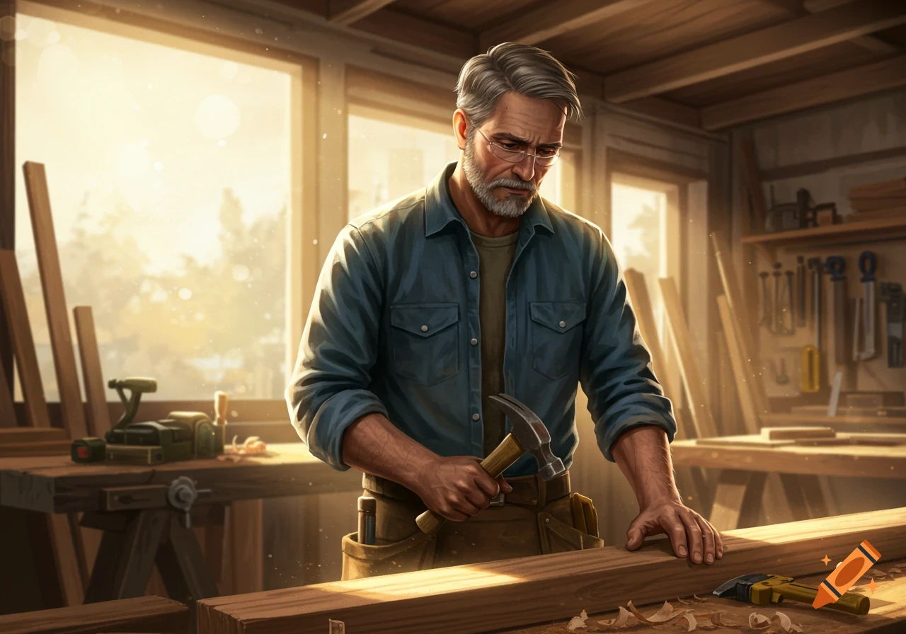 Middle-aged man working with a hammer and wood in a bright woodworking shop.