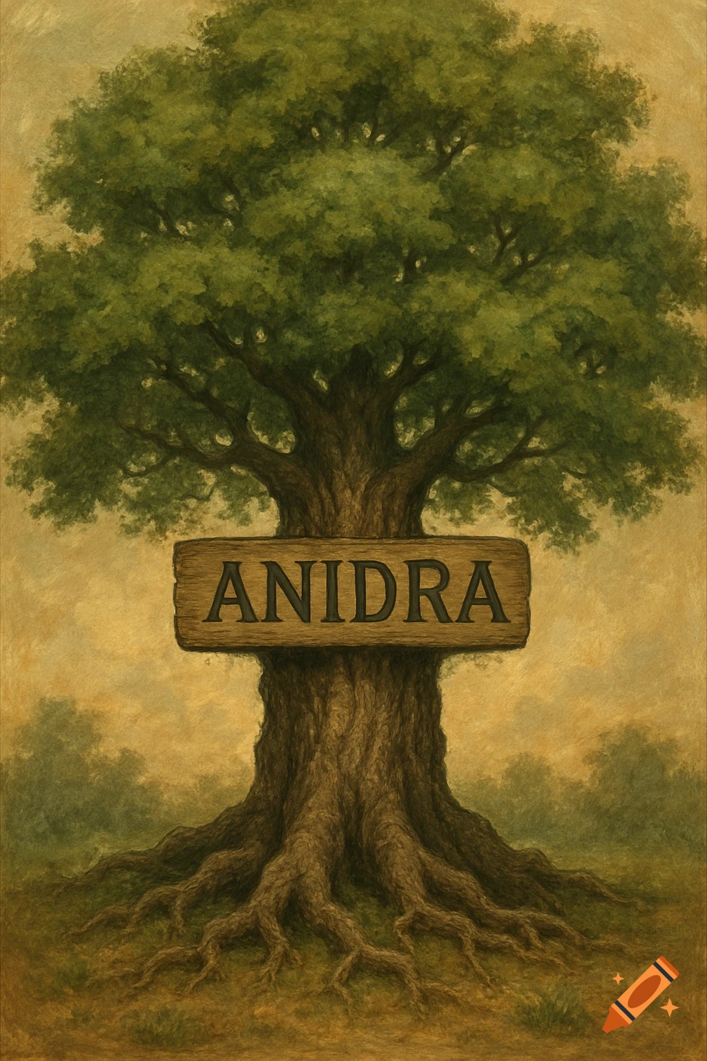 Large tree with prominent roots and a wooden sign reading 'ANIDRA' on the trunk, illustration style.
